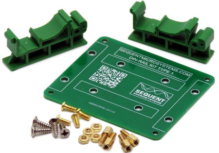 Green PCB adapter plate with mounting holes, two green plastic DIN-RAIL brackets, screws, and nuts for Raspberry Pi DIN-RAIL Kit Type 1 parallel mount.