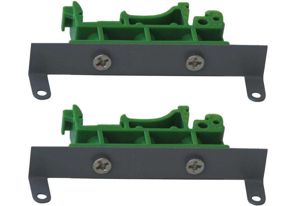 Green plastic and gray metal DIN-RAIL mounting brackets with screws for Raspberry Pi installation