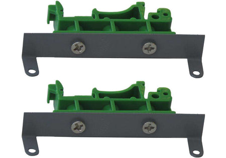 Green plastic and gray metal DIN-RAIL mounting brackets with screws for Raspberry Pi installation