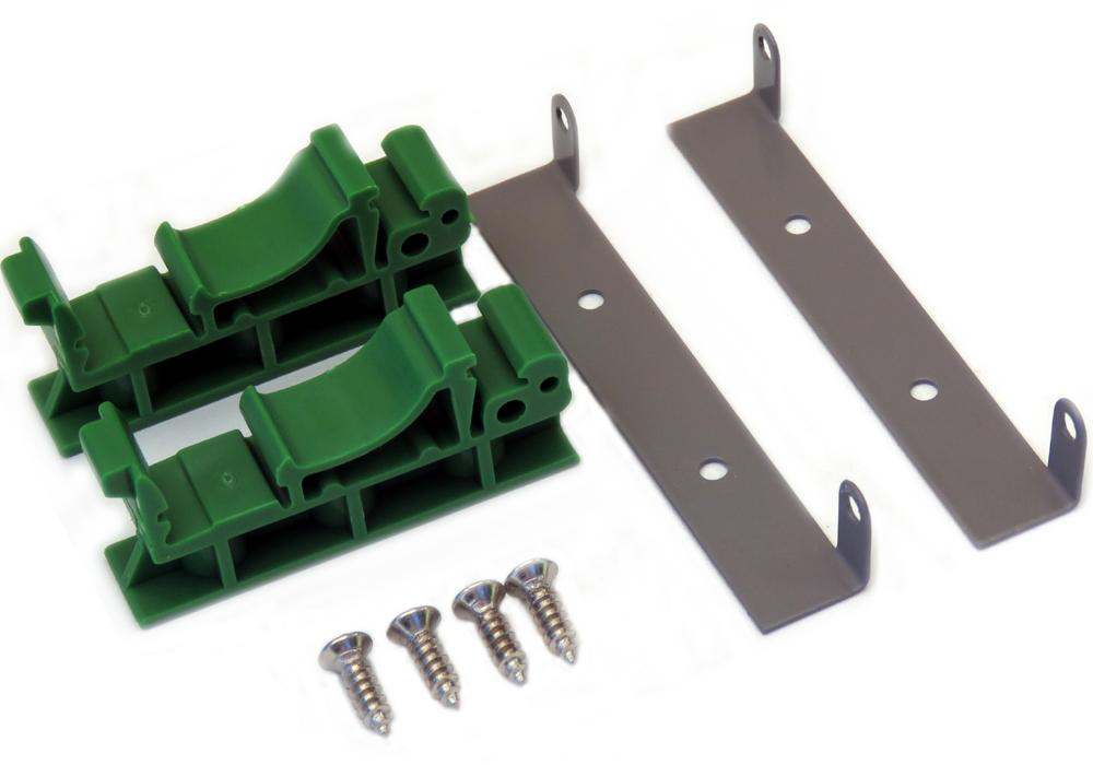 DIN-RAIL Kit with green plastic brackets, metal plates, and screws for Raspberry Pi mounting