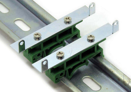 DIN-RAIL Kit Type2 perpendicular mount brackets with screws attached to metal rail for Raspberry Pi installation