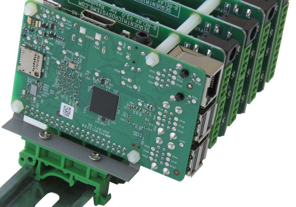 DIN-RAIL Kit Type2 perpendicular mount holding Raspberry Pi and stacked add-on cards on a green DIN rail with steel plate and plastic brackets