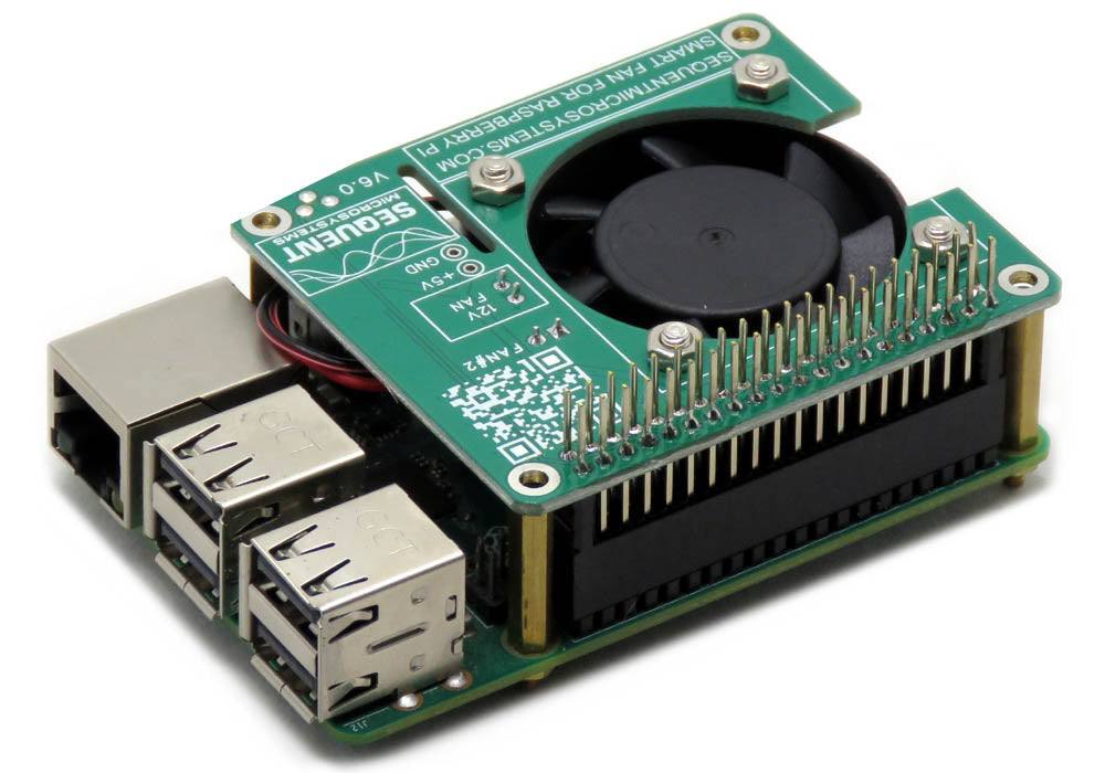 Smart Fan HAT cooling accessory with 40x40x10mm fan mounted on Raspberry Pi GPIO pins for efficient temperature control.