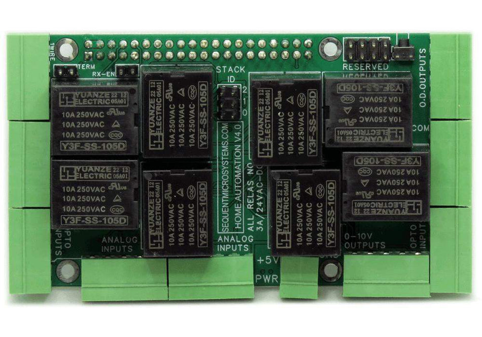 Home Automation 8-layer stackable HAT for Raspberry Pi with eight relays, analog inputs, digital inputs, and 0-10V outputs.