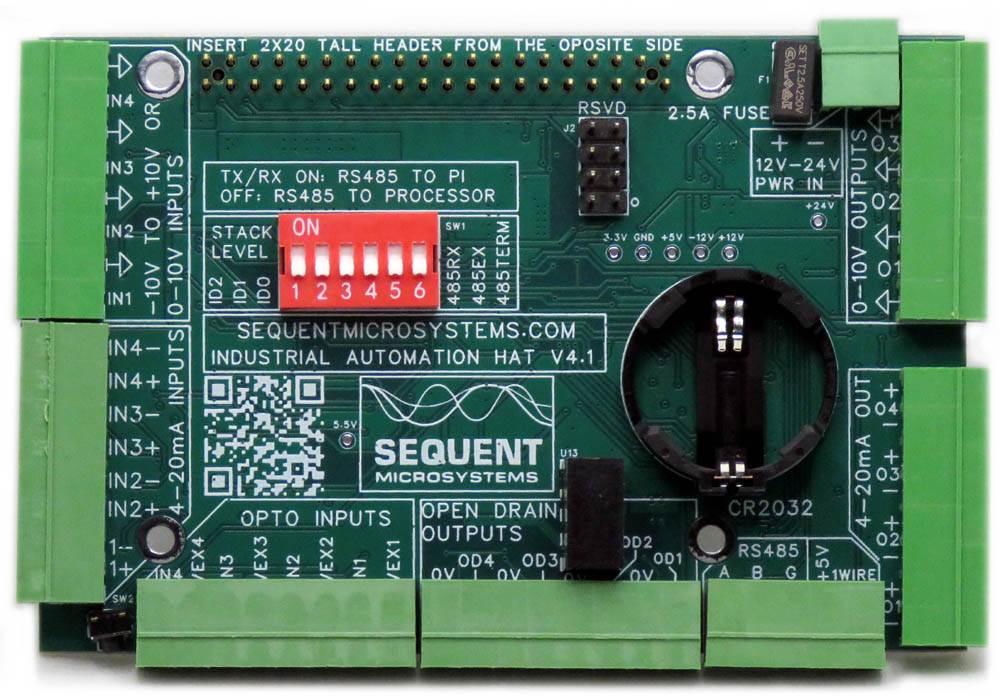 Industrial Automation 8-layer stackable HAT for Raspberry Pi with analog and digital inputs, RS485 port, real-time clock, and pluggable connectors.