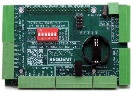 Industrial Automation 8-layer stackable HAT for Raspberry Pi with analog and digital inputs, RS485 port, real-time clock, and pluggable connectors.