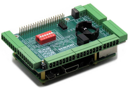 Industrial Automation 8-layer stackable HAT with multiple green pluggable connectors and DIP switch for Raspberry Pi integration.