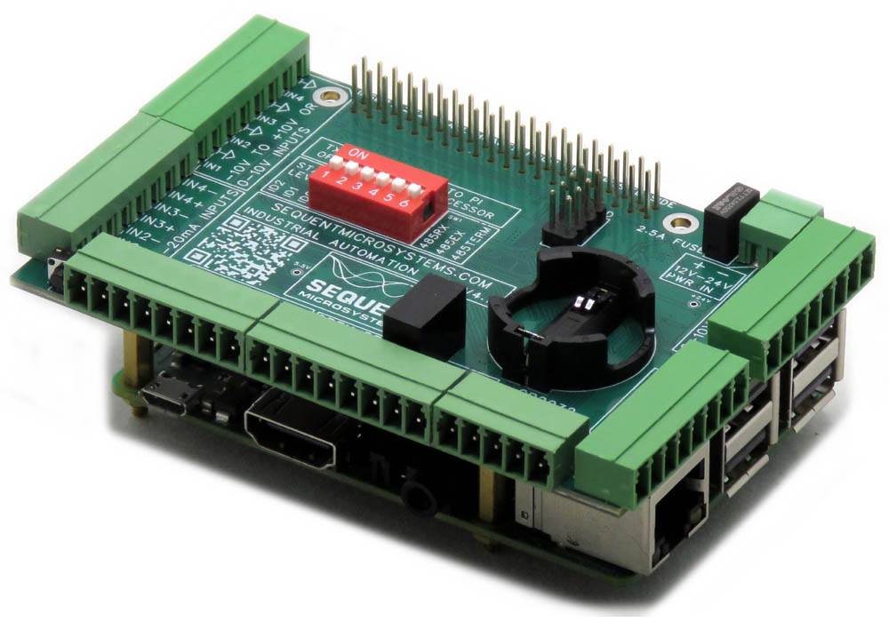 Industrial Automation 8-layer stackable HAT for Raspberry Pi with multiple green pluggable connectors and status LEDs.