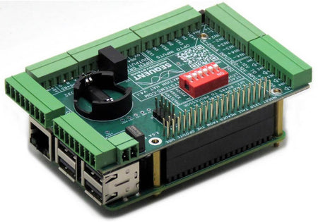 Industrial Automation 8-layer stackable HAT with green connectors and red DIP switch for Raspberry Pi industrial projects.
