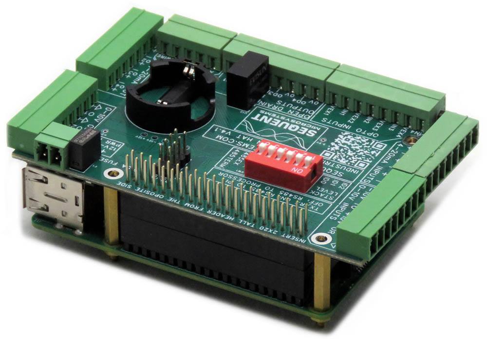 Industrial Automation 8-layer stackable HAT for Raspberry Pi with multiple analog and digital inputs, RS485 port, real-time clock, and heavy-duty pluggable connectors.