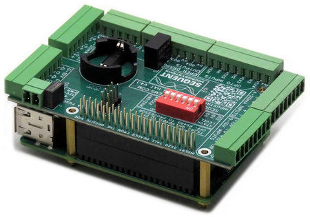 Industrial Automation 8-layer stackable HAT for Raspberry Pi with multiple analog and digital inputs, RS485 port, real-time clock, and heavy-duty pluggable connectors.