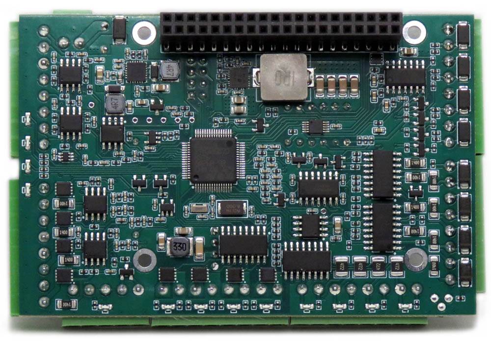 Industrial Automation 8-layer stackable HAT board for Raspberry Pi with multiple analog and digital inputs and outputs, RS485, and real-time clock features.