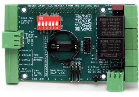 Multi-IO HAT v2.0 industrial automation expansion board for Raspberry Pi with digital inputs, RTD ports, analog I/O, relays, servo control, and serial communication ports.