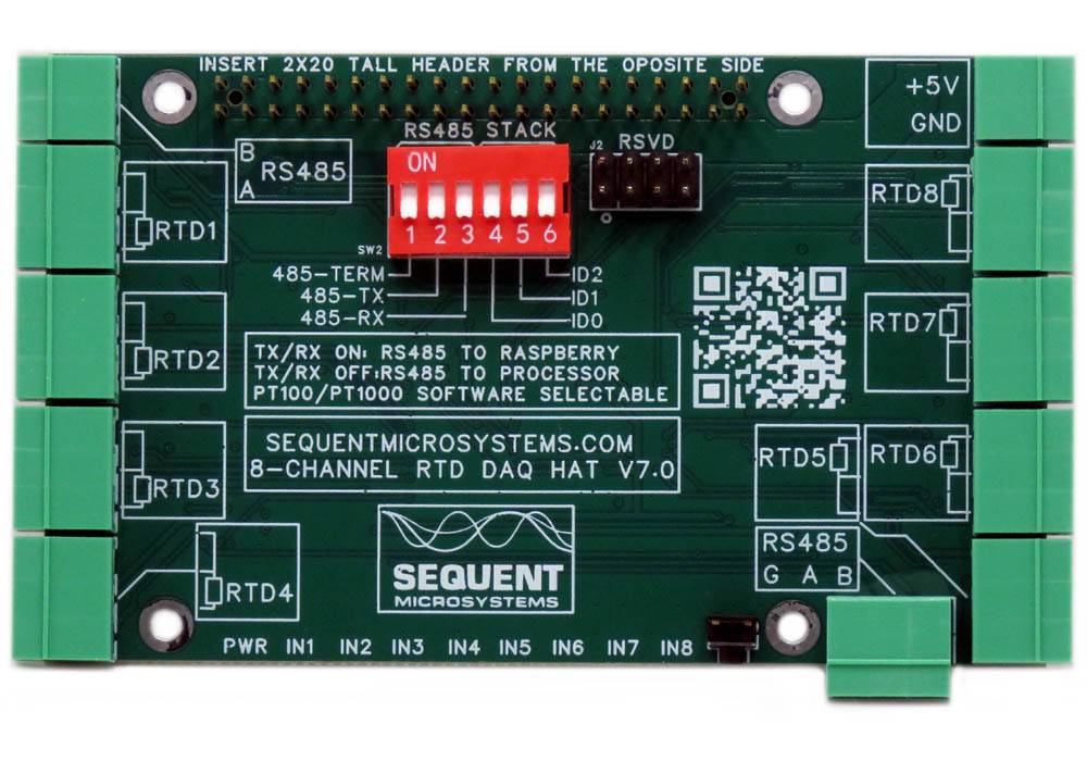 RTD Data Acquisition 8-layer stackable HAT V7.0 for Raspberry Pi with 8 RTD sensor inputs, RS485 communication, and software-selectable PT100/PT1000 support.