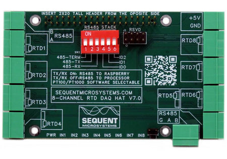RTD Data Acquisition 8-layer stackable HAT V7.0 for Raspberry Pi with 8 RTD sensor inputs, RS485 communication, and software-selectable PT100/PT1000 support.