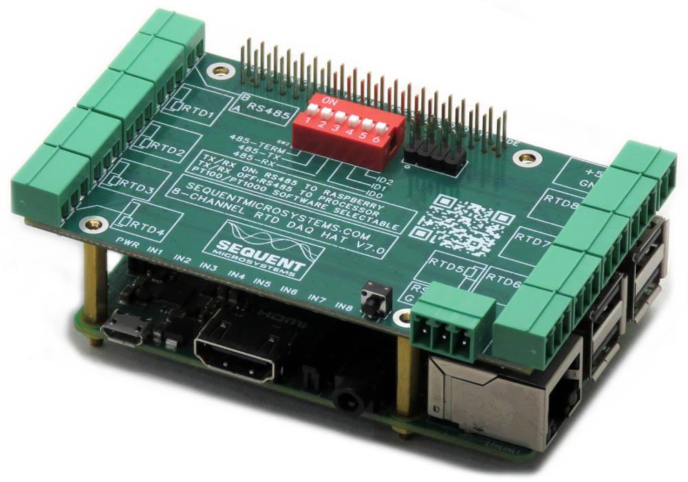 RTD Data Acquisition 8-layer stackable HAT mounted on Raspberry Pi with green connectors and red DIP switch for temperature sensor data collection