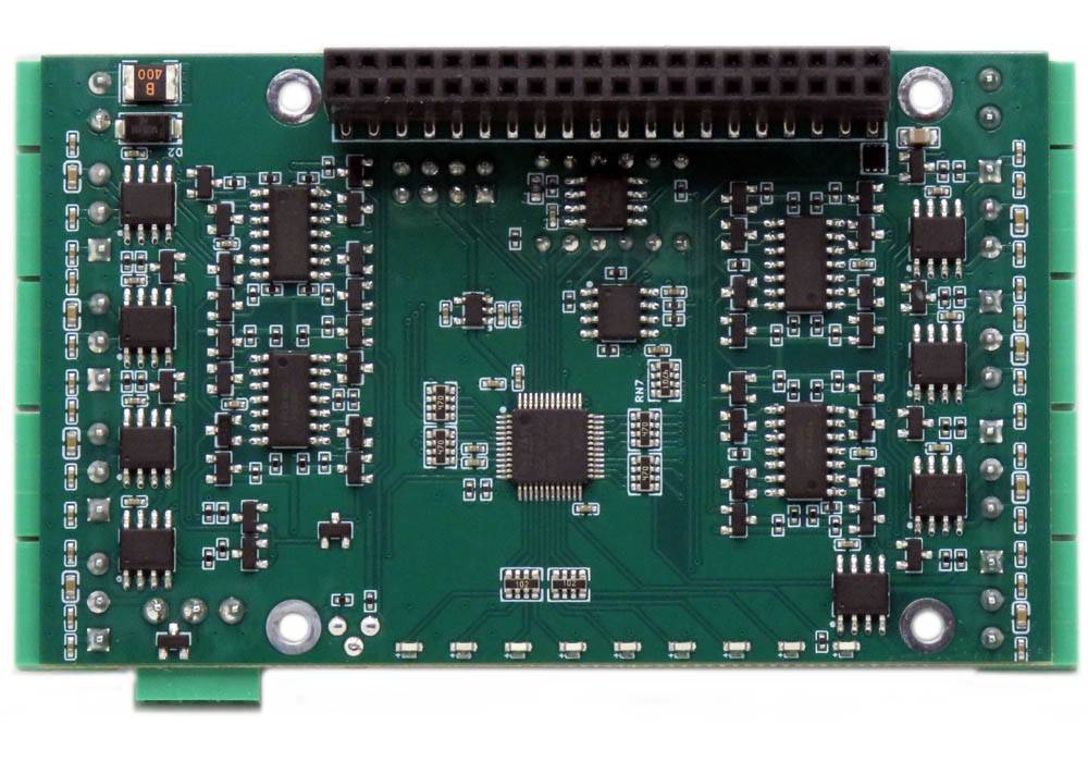 RTD Data Acquisition 8-layer stackable HAT circuit board for Raspberry Pi with 24-bit delta-sigma A/D converters and sensor support.