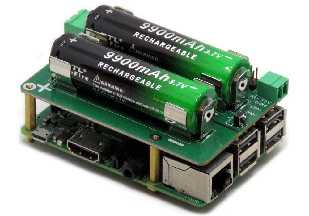 Super Watchdog HAT with dual 18650 rechargeable batteries mounted on Raspberry Pi for UPS battery backup and power management.