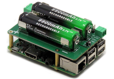 Super Watchdog HAT with dual 18650 rechargeable batteries mounted on Raspberry Pi for UPS battery backup and power management.