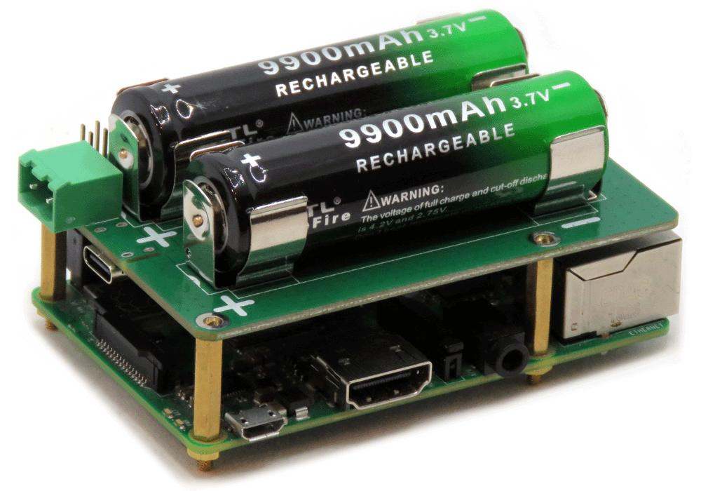 Super Watchdog HAT with dual 18650 rechargeable batteries and UPS backup for Raspberry Pi power protection and reset.