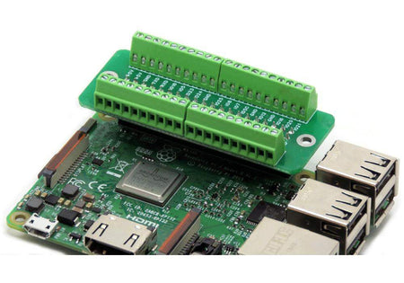 Breakout Card Screw Mount with 26-18 AWG screw terminal blocks attached to Raspberry Pi GPIO pins for secure wiring.