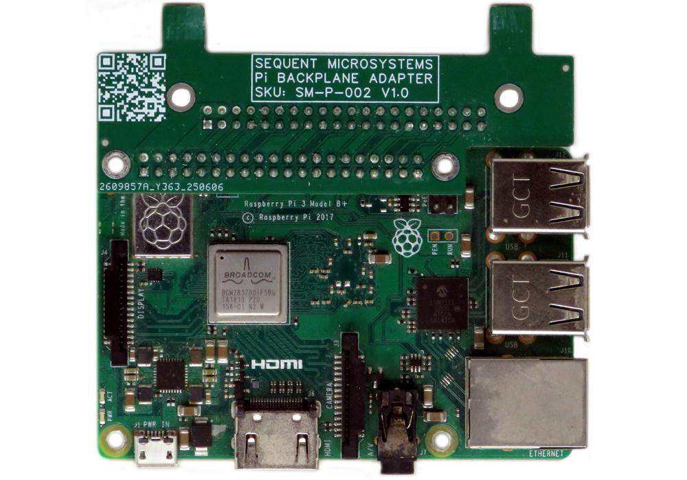Sequent Microsystems Back Panel Adapter for Raspberry Pi 3 with 40-pin GPIO connector rotated 90 degrees and USB, HDMI ports visible.