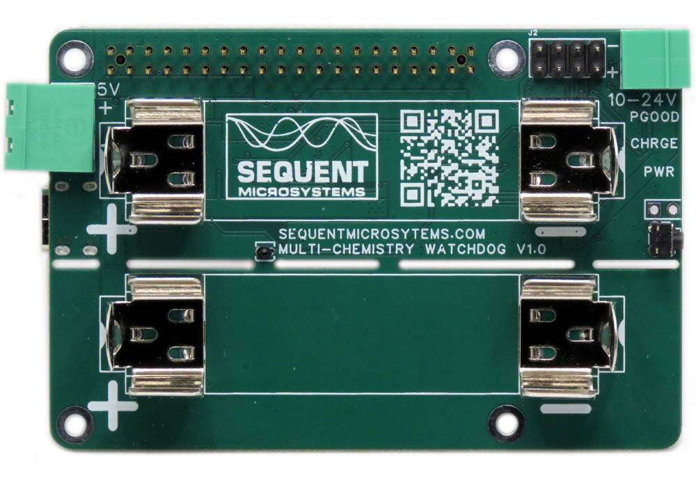 Super Watchdog HAT UPS battery backup board for Raspberry Pi with multi-chemistry support and dual 18650 battery sockets.