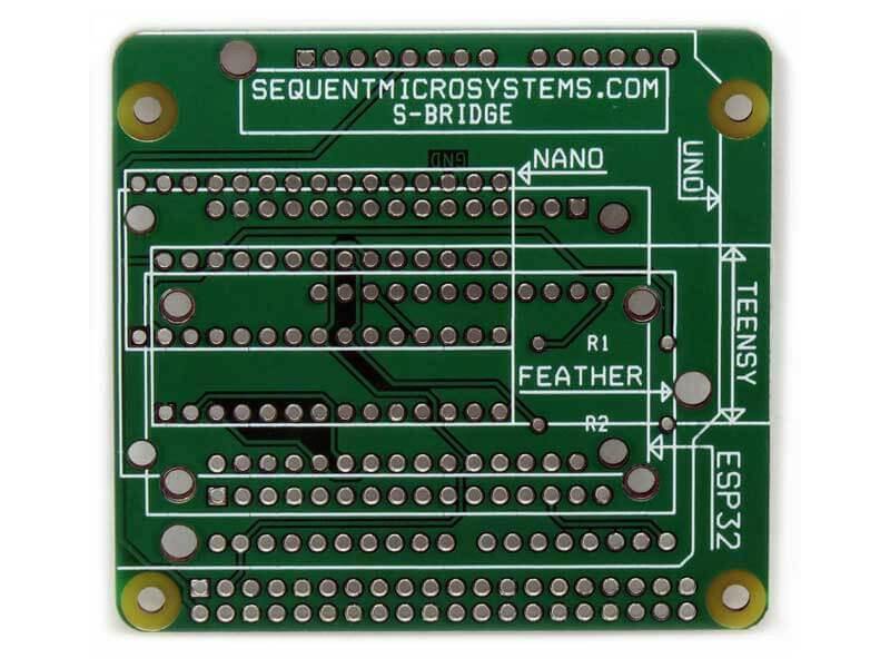 Arduino Uno Raspberry Pi replacement adapter PCB with labeled slots for Nano, Teensy, Feather, and ESP32 processors and through-hole solder points.