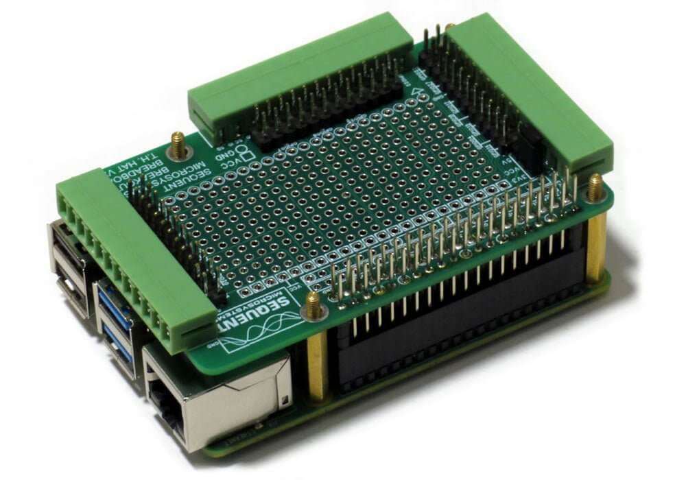 Raspberry Pi breakout card kit with pluggable terminal blocks and prototype breadboard area for through-hole and surface mount projects.