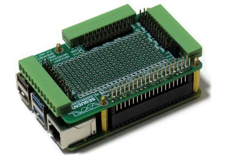 Raspberry Pi breakout card kit with pluggable terminal blocks and prototype breadboard area for through-hole and surface mount projects.