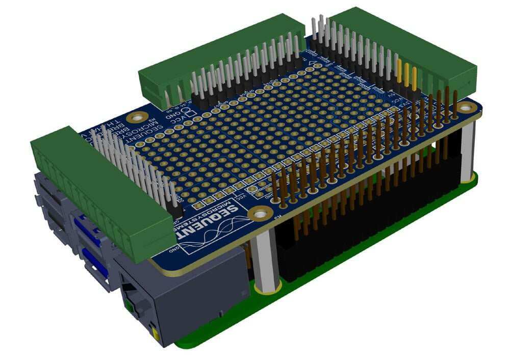 Raspberry Pi breakout card kit with pluggable terminal blocks and prototype breadboard area