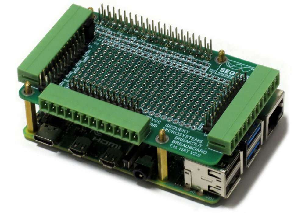 Raspberry Pi breakout card with pluggable terminal blocks and breadboard prototype area