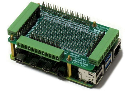 Raspberry Pi breakout card with pluggable terminal blocks and breadboard prototype area