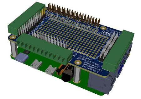 Raspberry Pi Breakout Card with pluggable terminal blocks and prototype breadboard area for through-hole and surface mount projects