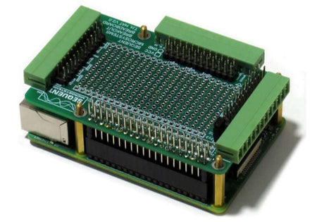 Breakout card kit with pluggable terminal blocks and prototype breadboard for Raspberry Pi GPIO expansion.
