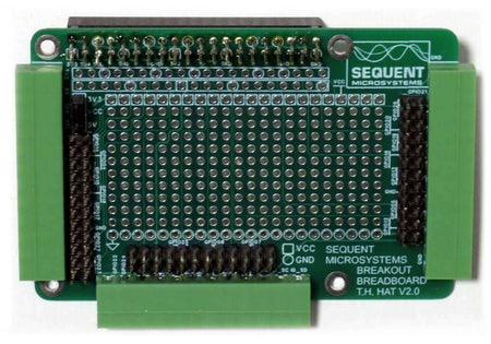 Sequent Microsystems Raspberry Pi Breakout Card with pluggable terminal blocks and prototype breadboard area for through-hole projects.