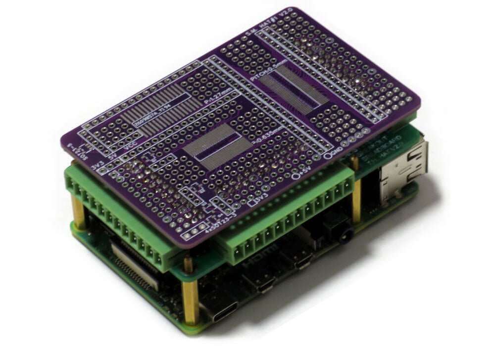 Raspberry Pi Breakout Card Kit with pluggable terminal blocks and prototype breadboard for surface mount and through hole projects.