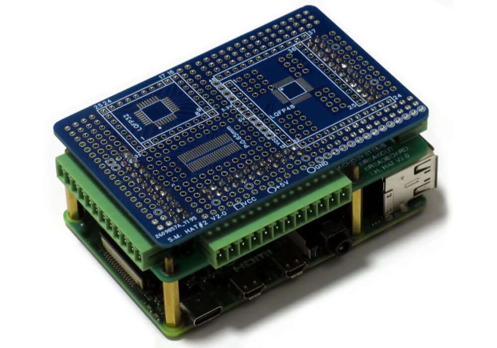 Raspberry Pi Breakout Card Kit with pluggable terminal blocks and prototype breadboard for surface mount and through hole projects.