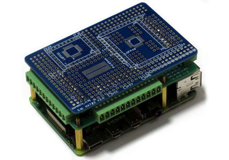 Raspberry Pi Breakout Card Kit with pluggable terminal blocks and prototype breadboard for surface mount and through hole projects.