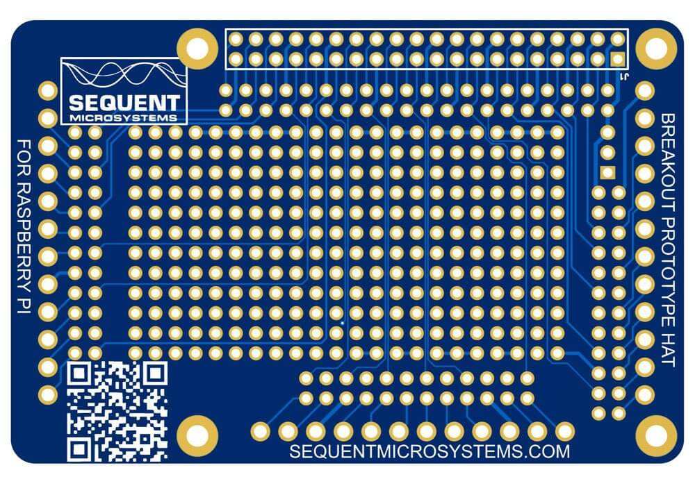 Blue Raspberry Pi breakout card prototype hat with multiple gold-plated through-holes and labeled pins for pluggable connectors.