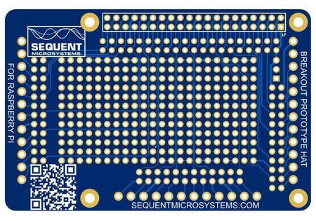 Blue Raspberry Pi breakout card prototype hat with multiple gold-plated through-holes and labeled pins for pluggable connectors.