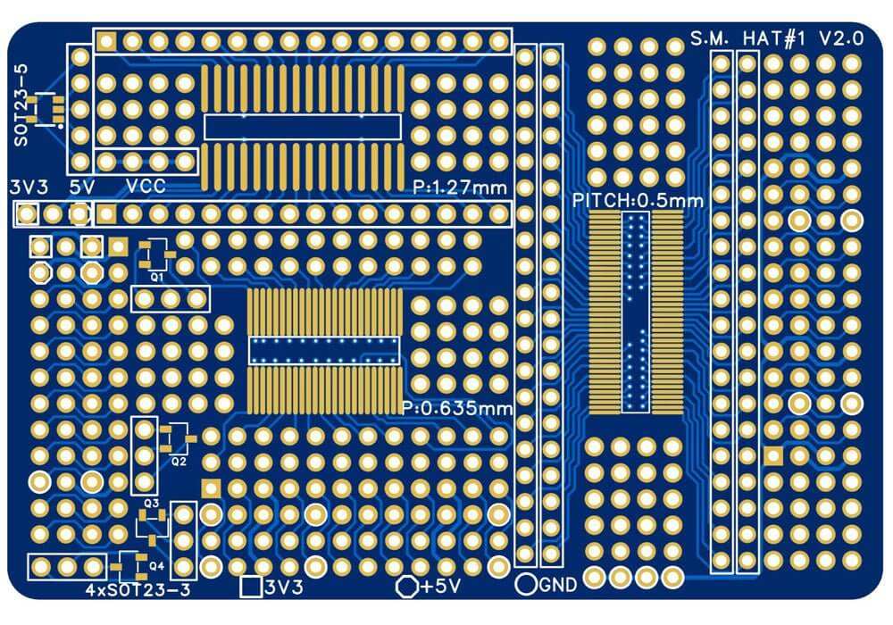Breakout Card PCB for Raspberry Pi prototyping with through-hole and surface-mount pads and labeled 3.3V, 5V, and ground pins