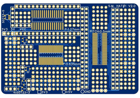 Breakout Card PCB for Raspberry Pi prototyping with through-hole and surface-mount pads and labeled 3.3V, 5V, and ground pins