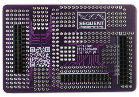Breakout Card prototype board for Raspberry Pi with pluggable connectors and multiple prototype areas for surface mount and through hole projects.