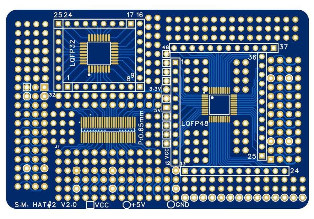 Blue breakout card with gold surface mount and through hole prototype areas for Raspberry Pi, featuring LQFP32 and LQFP48 pads and labeled VCC, 3.3V, 5V, and GND pins.