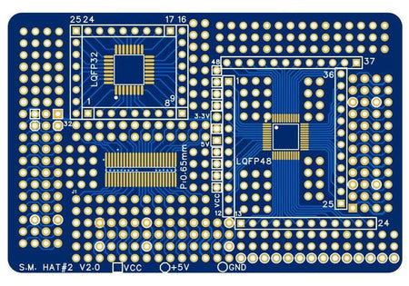 Blue breakout card with gold surface mount and through hole prototype areas for Raspberry Pi, featuring LQFP32 and LQFP48 pads and labeled VCC, 3.3V, 5V, and GND pins.