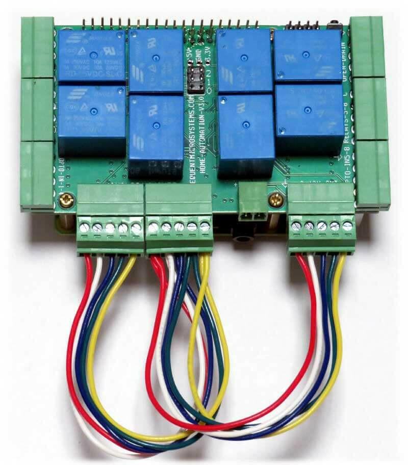 Home Automation HAT for Raspberry Pi with connected self-test loopback cable and relays