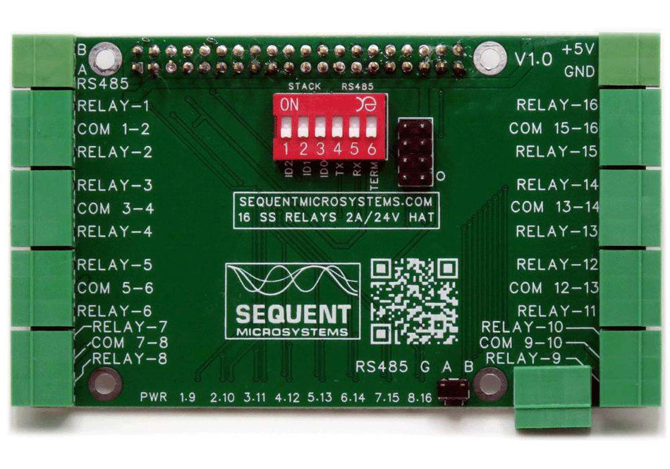 Sixteen solid state relays 2A/24V stackable HAT board for Raspberry Pi with DIP switches and green terminal connectors