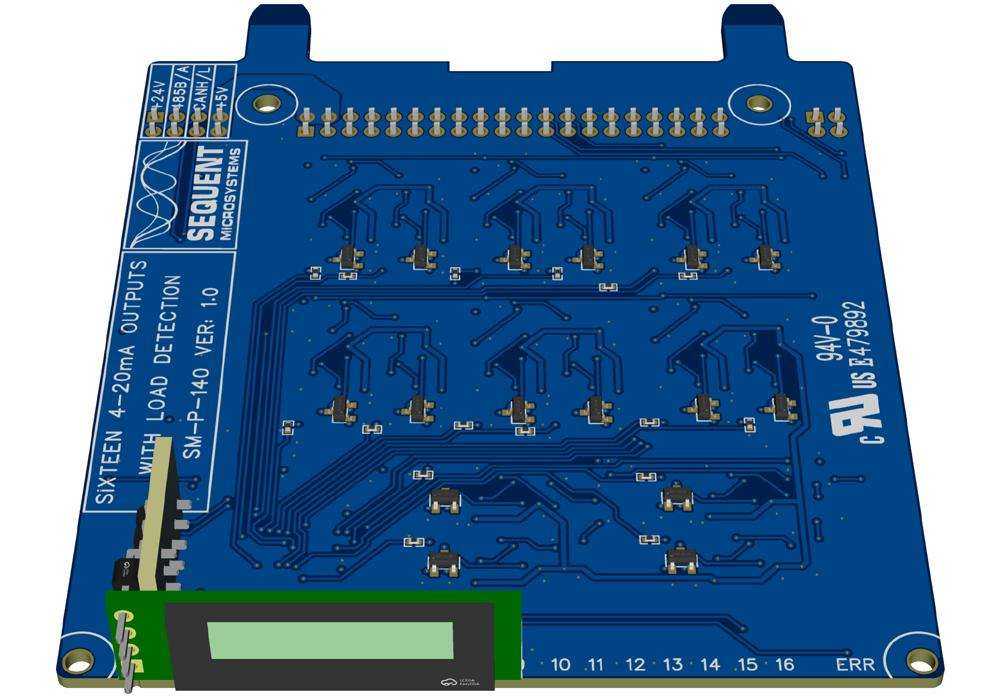 16 Analog 4–20 mA output card with a blue circuit board, green terminal block, and OLED display