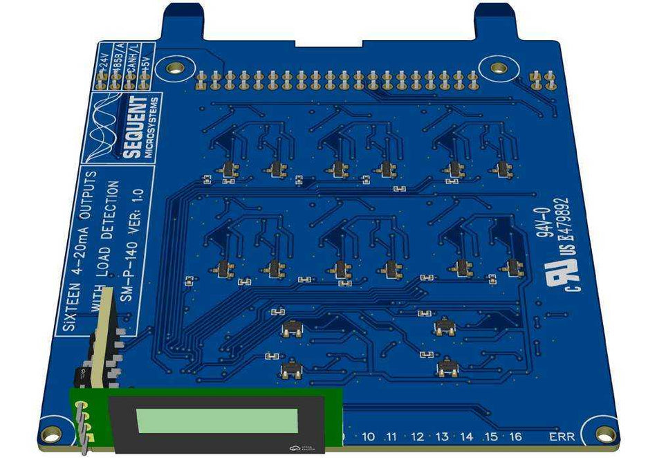 16 Analog 4–20 mA output card with a blue circuit board, green terminal block, and OLED display